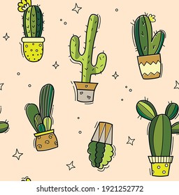 Cute cactus seamless pattern with  plant pot on yellow background. Vector image