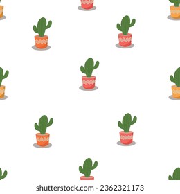 Cute cactus seamless pattern with plant pot on white background. Vector image
