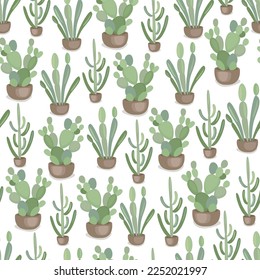 Cute cactus seamless pattern with prickly pear flowerpot pots. Vector funny nature background. The print is used for wallpaper, fabric, textile. mexican design