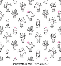 Cute cactus. Seamless pattern for sewing children clothing. Printing on fabric and wrapping paper. Endless wallpaper in nursery.