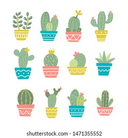 Cute cactus set. A collection of exotic potted plants. Retro colors. Perfect for stickers or prints. Vector illustration.
