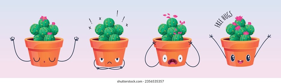 Cute cactus set with different emotions. vector illustration.