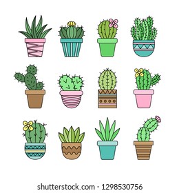 Cute cactus set, different types of cacti in patterned plant pots, vector illustrations, succulent isolated outlined icon collection.