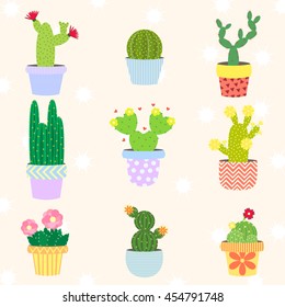 cute cactus set in flower pot. vector illustration. cartoon style.