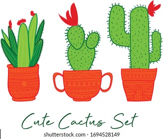 Cute cactus set. Hand drawn cactus with flower sketch vector illustration.