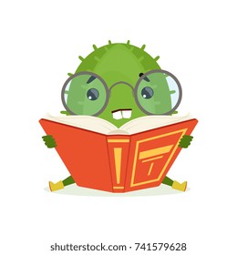 Cute cactus sitting on the floor and reading a book, funny plant character cartoon vector Illustration