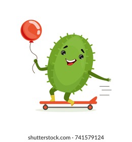 Cute cactus skateboarder, funny plant character scatebording with red balloon cartoon vector Illustration