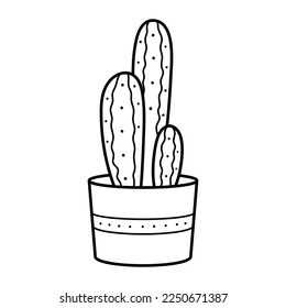 Cute cactus in a small pot. Linear doodle illustration. Simple element for design. Gardening and home hobby. A beautiful interior item for a minimalist design. Stylized print for products