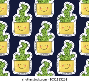 Cute cactus with smile on its pot sticker style colorful seamless vector pattern