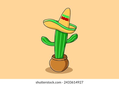 Cute Cactus with Sombrero Cartoon Illustration