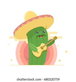 Cute cactus in sombrero, singing serenade and playing guitar. Sun on background. Flat cartoon illustration