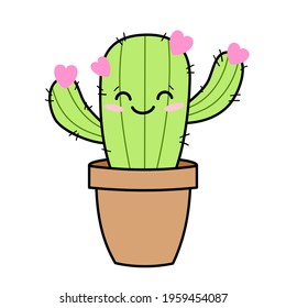 cute cactus sticker in cartoon style with a smile. the concept of love and nature. vector. fashionable cactus icon with hearts.