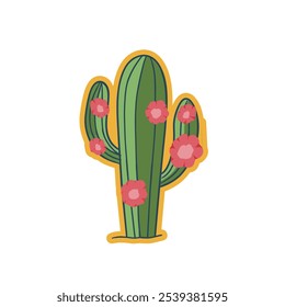 Cute Cactus Sticker Design with Red Blossoms and Warm Border