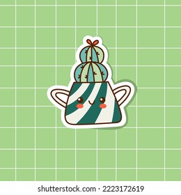 Cute cactus sticker in a pot. A homely cozy plant. Print for T-shirts, postcards, posters. Vector doodle illustration