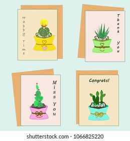 cute cactus and succulent cartoon for happy card.