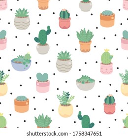 cute cactus and succulent on dot seamless pattern eps10 vectors illustration