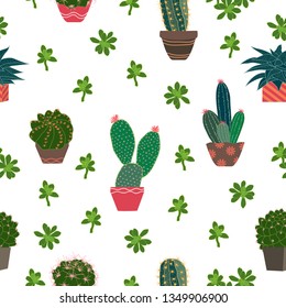 Cute cactus and succulent plants on pot seamless pattern for decorative,fashion,fabric,textile,print or wallpaper,vector illustration