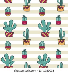 Cute Cactus Succulent Seamless Pattern Vector Illustration