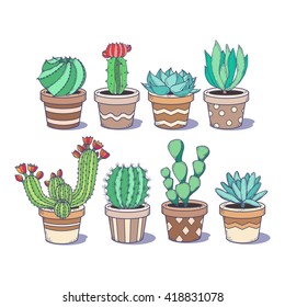 Cute cactus and succulent set; eight doodle colorful flowers in pots isolated on white background; hand drawn illustration in sketch style;