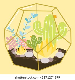 Cute Cactus and Succulent Terrarium Illustration in a Transparent Glass Case