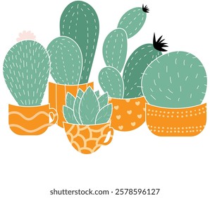 Cute cactus. succulents or cacti plant characters in pots. Indonesian prickly plants with funny faces and emotion. Fun home cacti stickers and badges. Vector set. Floral vector illustration.