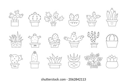 Cute cactus and succulents drawing outline flat icon collection set isolated on white background.Cartoon.Vector.Illustration.