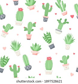 Cute cactus and succulents pattern, vector illustration in flat style