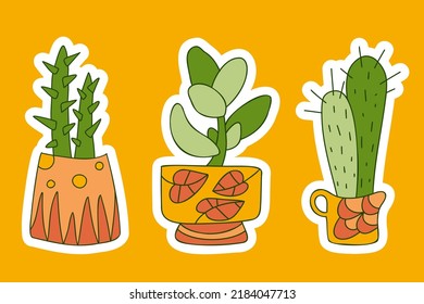 Cute cactus succulents pots stickers. Funny bright kids design. Color doodle hand drawn home plants. Zentangle patterned flowerpots. Perfect for cards nursery decor print textile. Vector illustration.
