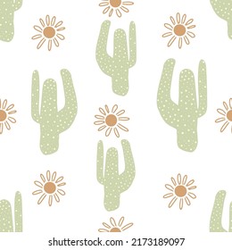 Cute Cactus and Sun Seamless Pattern Background. Hand drawn desert cacti repeat texture. Summer kids print