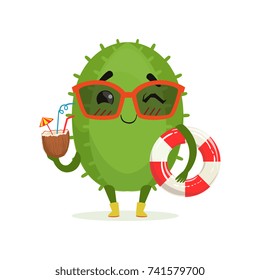 Cute cactus in sunglasses holding lifebuoy and cocktail, funny plant character relaxing cartoon vector Illustration