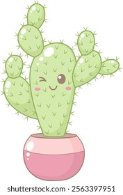 Cute Cactus Tree in Pink Pot. Simple House Plant Cacti Illustration.