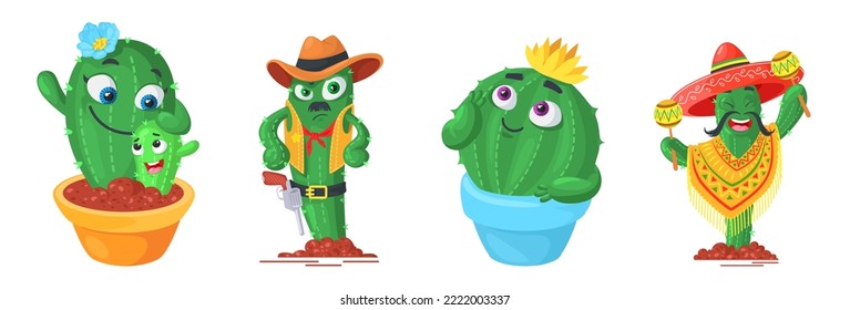 Cute Cactus Vector. Cartoon Cacti Set. Happy Flower Family, Cowboy And Mexican Senior, Potted Prickly Queen Illustration Isolated On White Background. Doodle Tropical Flowerpot And Thorny Plant Emoji