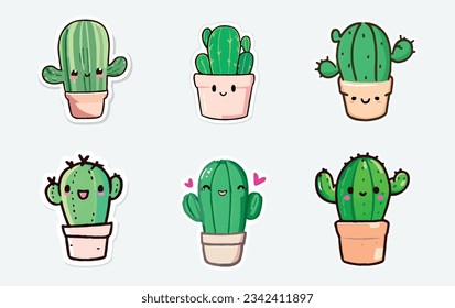 Cute cactus vector flat stickers 