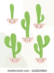 Cute Cactus Vector Illustration with Pink Pot and Smile Face