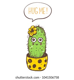 Cute cactus vector illustration. Smiling cartoon character cactus print. Hand drawn illustration.