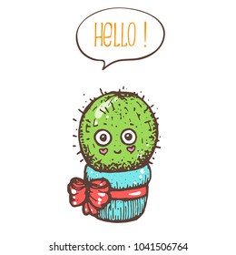 Cute cactus vector illustration. Smiling cartoon character cactus print. Hand drawn illustration.