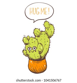 Cute cactus vector illustration. Smiling cartoon character cactus print. Hand drawn illustration.