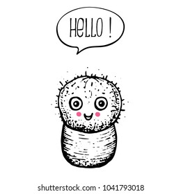 Cute cactus vector illustration. Smiling character cactus print. Hand drawn sketch. Kids design