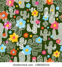 Cute cactus. Vector seamless pattern.