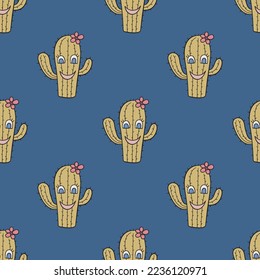 Cute cactus vector seamless pattern. Funny repeat background for textile, design, fabric, cover etc.