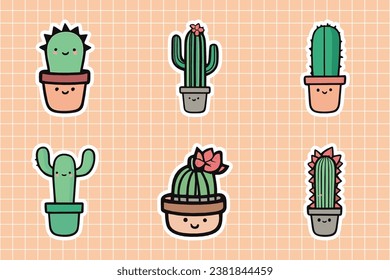 Cute Cactus Vector Stickers Set