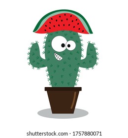 Cute cactus with watermelon hat. Hand drawn vector illustration.
Good for T shirt print, poster, postcard, textile print and gift design.