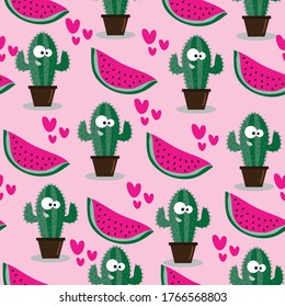 Cute cactus and Watermelon seamless pattern. Good for wrapping paper, wallpaper, textile print, and Summer backgound.