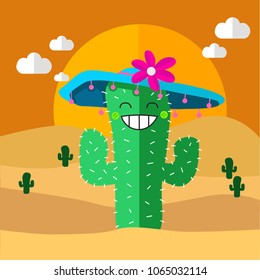 Cute cactus wear Mexican hat in desert cartoon vector illustration