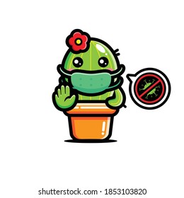 cute cactus wearing mask with stop virus pose