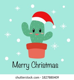 Cute cactus wearing Santa Claus hat cartoon in flat design. Merry Christmas decoration concept vector illustration.
