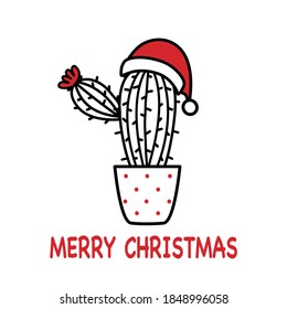 Cute cactus wearing Santa Claus hat cartoon in flat design. Merry Christmas decoration concept vector illustration.