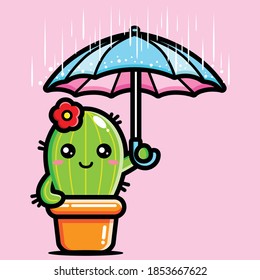 lindo cactus usando paraguas cuando llueve