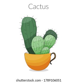 Cute cactus in the yellow cup stock vector illustration.