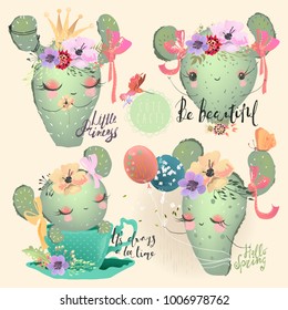 Cute cactuses, cacti, succulent with sweet face, floral wreath, and tied bows collection. Cactus with balloons, in the tea cup and in crown with lettering